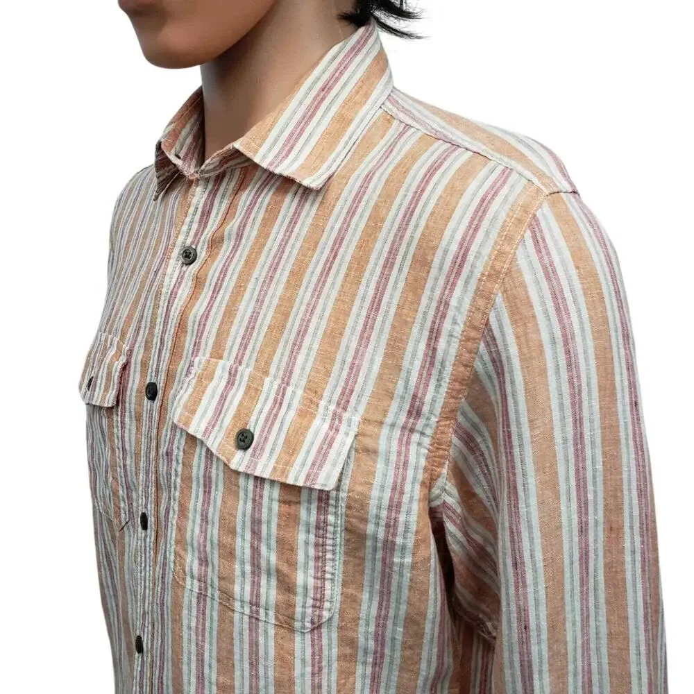Banana Republic Linen Shirt Men S 14 / 14.5  Orange Stripe Long Sleeve Button Up
